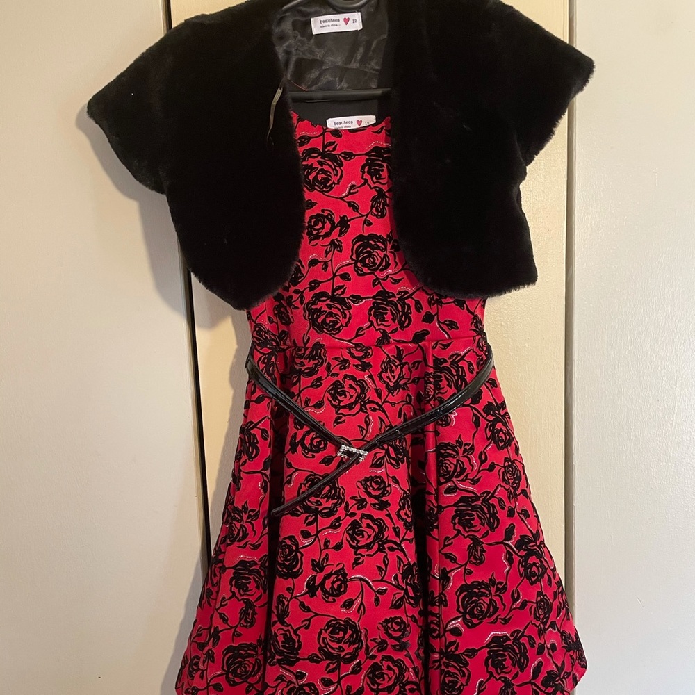 Belted Floral Skater Dress & Faux-Fur Jacket Set